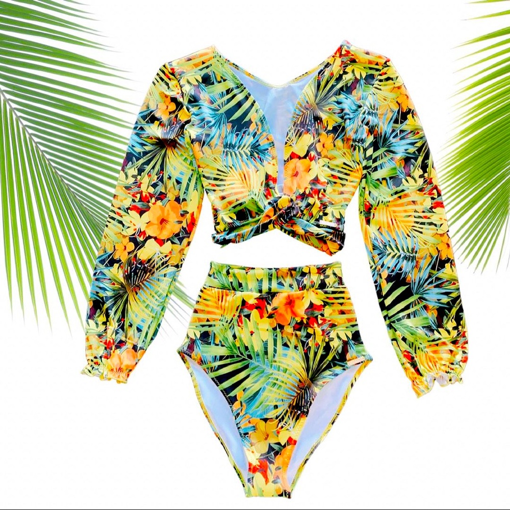 Swimsuit high waisted bottom, long sleeve tie top.